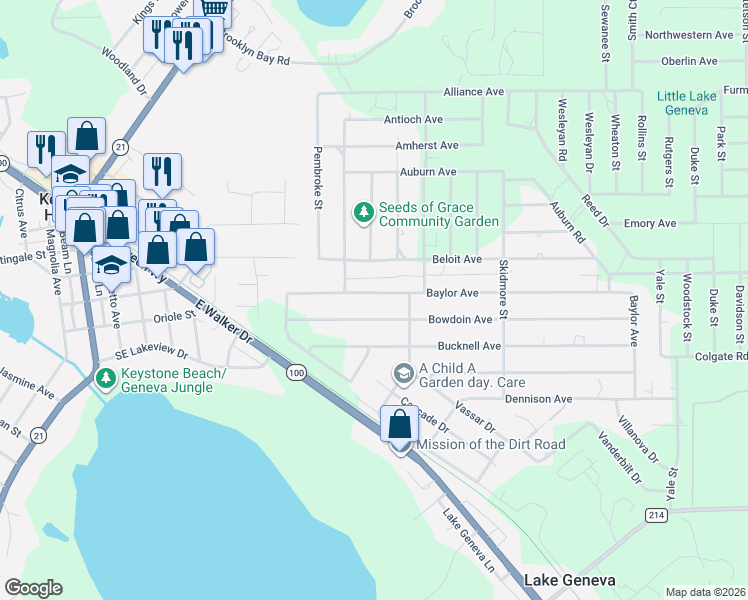 map of restaurants, bars, coffee shops, grocery stores, and more near 6401 Baylor Avenue in Keystone Heights