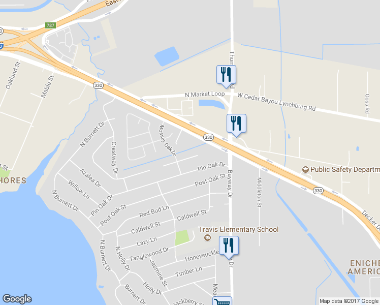 map of restaurants, bars, coffee shops, grocery stores, and more near 408 Oak Haven Drive in Baytown