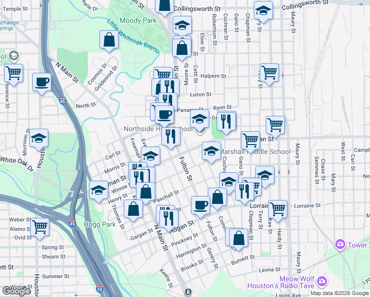 map of restaurants, bars, coffee shops, grocery stores, and more near 1107 Quitman Street in Houston