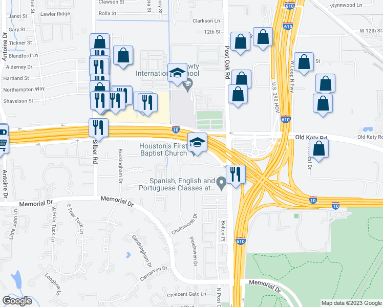 map of restaurants, bars, coffee shops, grocery stores, and more near 7401 Katy Freeway in Houston