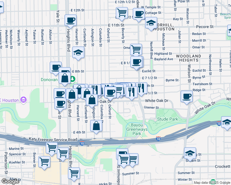 map of restaurants, bars, coffee shops, grocery stores, and more near 617 East 6 1/2 Street in Houston