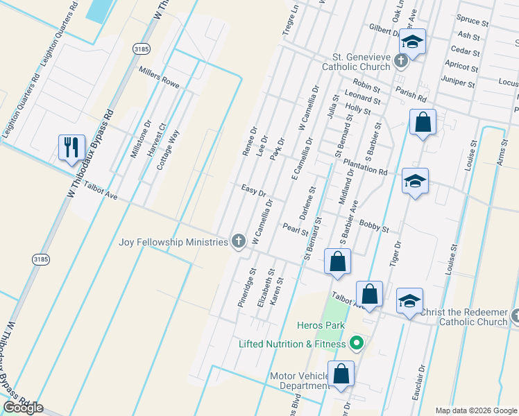 map of restaurants, bars, coffee shops, grocery stores, and more near 1403 West Camellia Drive in Thibodaux