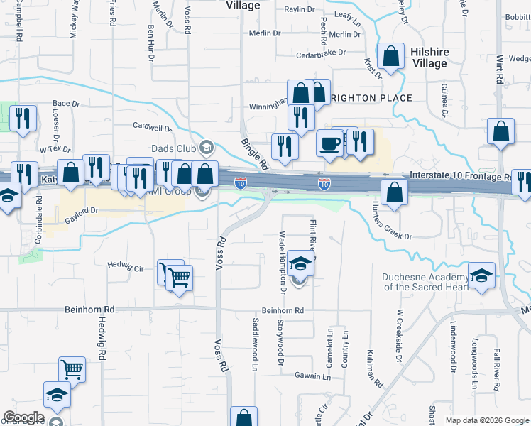 map of restaurants, bars, coffee shops, grocery stores, and more near 914 Oak Valley Drive in Houston