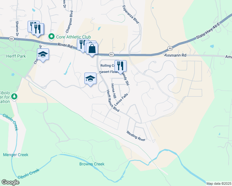 map of restaurants, bars, coffee shops, grocery stores, and more near 229 Horse Hill in Boerne