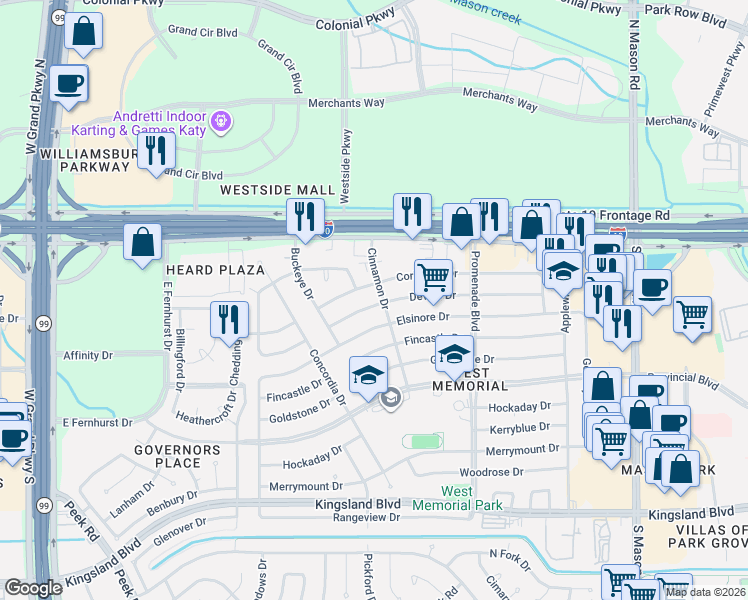 map of restaurants, bars, coffee shops, grocery stores, and more near 22506 Deville Drive in Katy