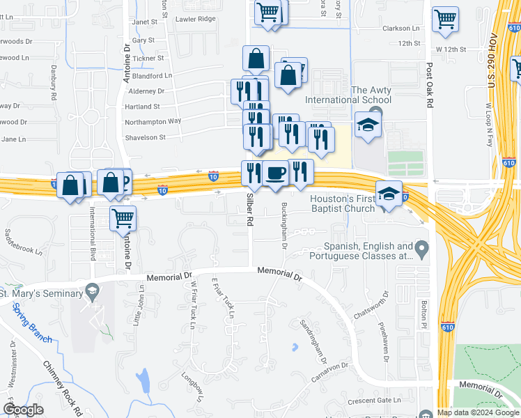 map of restaurants, bars, coffee shops, grocery stores, and more near 9240 Kenilworth Drive in Houston