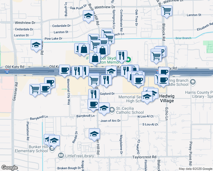 map of restaurants, bars, coffee shops, grocery stores, and more near 970 Bunker Hill Road in Houston