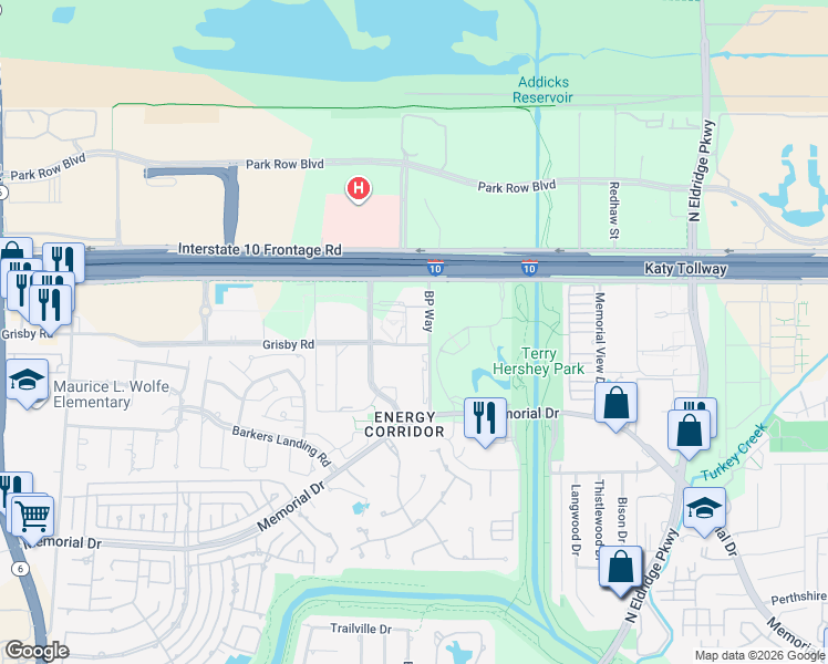 map of restaurants, bars, coffee shops, grocery stores, and more near 14000 Grisby Rd in Houston