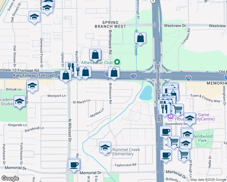 map of restaurants, bars, coffee shops, grocery stores, and more near 10851 Lasso Lane in Houston