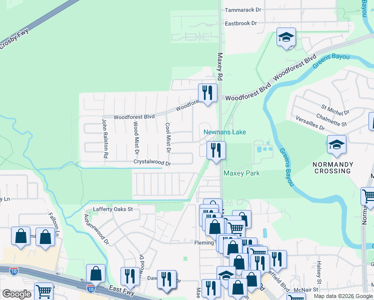 map of restaurants, bars, coffee shops, grocery stores, and more near 12211 Woodcliff Drive in Houston