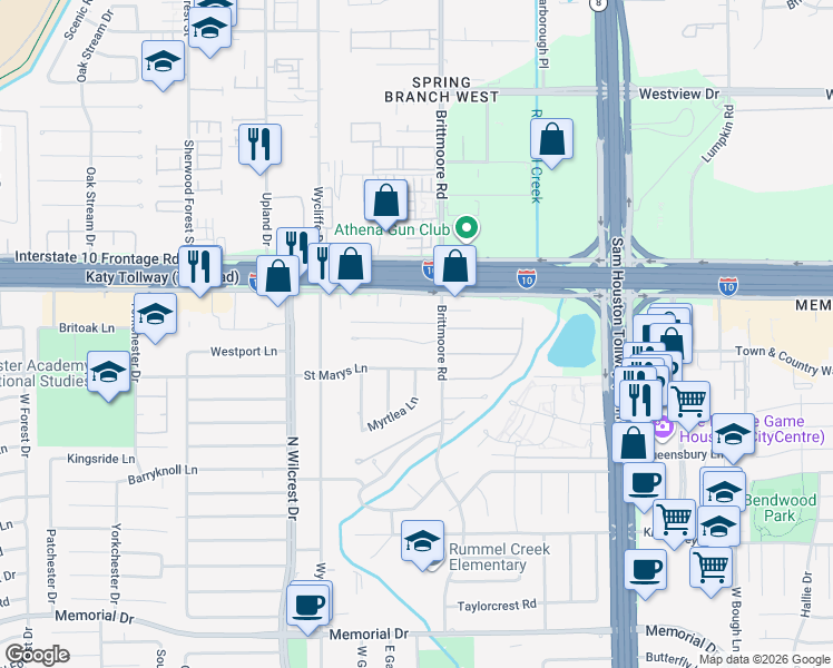 map of restaurants, bars, coffee shops, grocery stores, and more near 10910 Britoak Lane in Houston