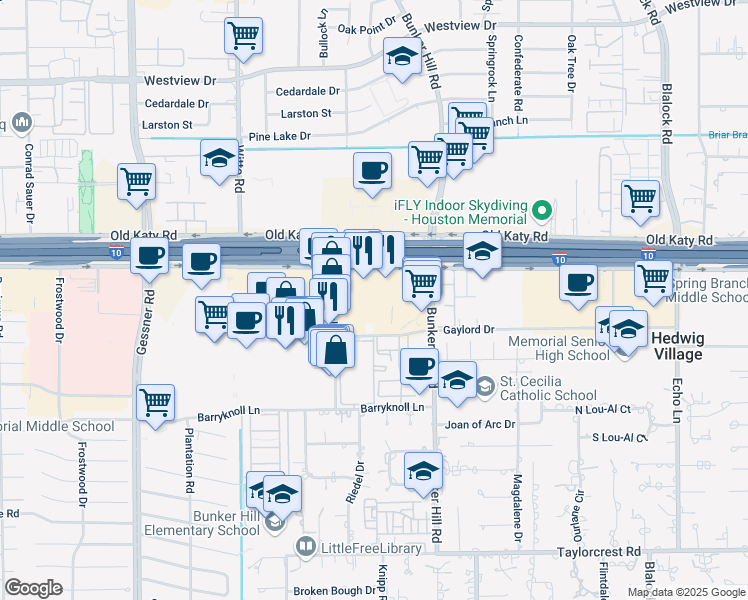 map of restaurants, bars, coffee shops, grocery stores, and more near 9787 Katy Freeway in Houston