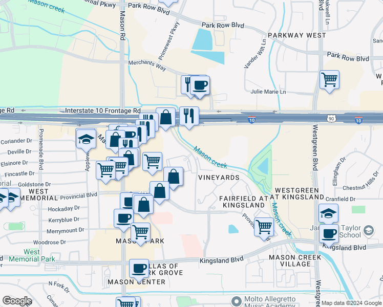 map of restaurants, bars, coffee shops, grocery stores, and more near 216 Mason Creek Drive in Katy