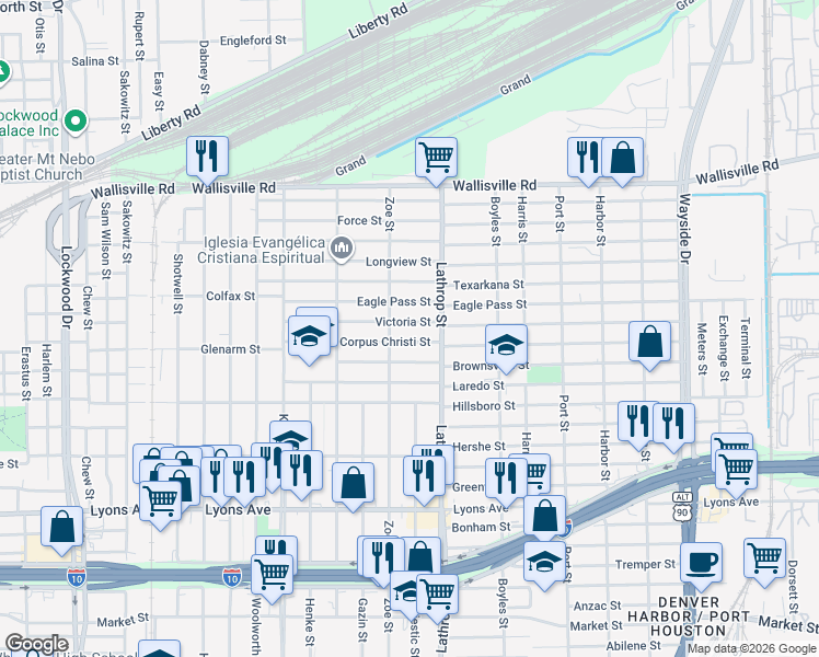 map of restaurants, bars, coffee shops, grocery stores, and more near 6718 Victoria Street in Houston