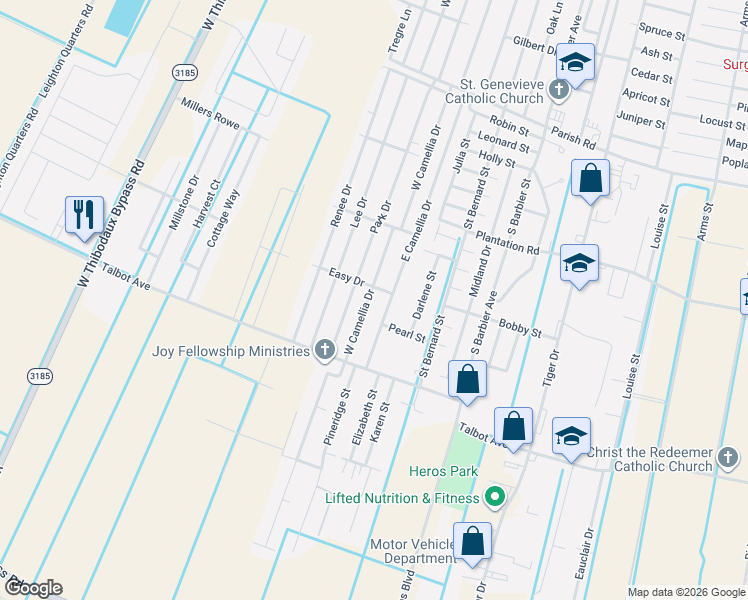 map of restaurants, bars, coffee shops, grocery stores, and more near 1403 West Camellia Drive in Thibodaux