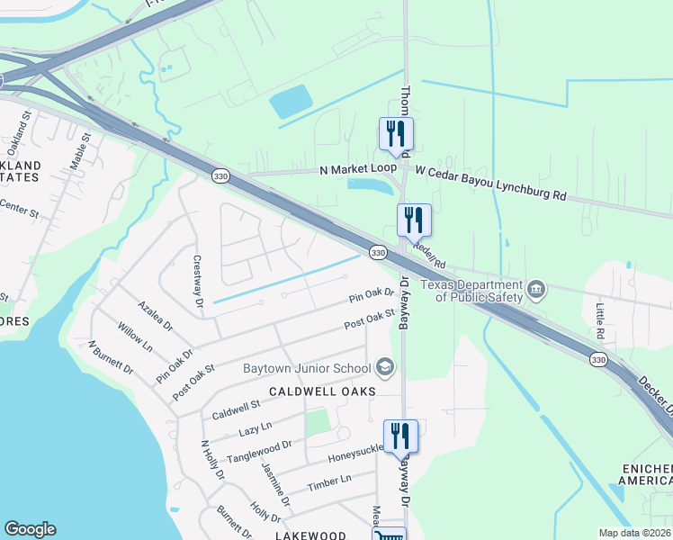 map of restaurants, bars, coffee shops, grocery stores, and more near 408 Oak Haven Drive in Baytown