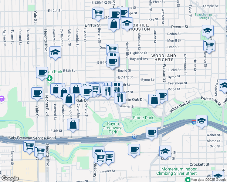 map of restaurants, bars, coffee shops, grocery stores, and more near 745 East 6 1/2 Street in Houston
