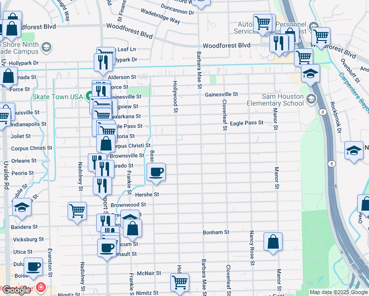 map of restaurants, bars, coffee shops, grocery stores, and more near 14241 Brownsville Street in Houston
