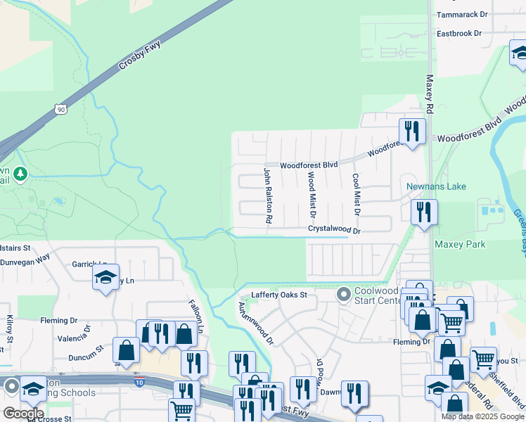 map of restaurants, bars, coffee shops, grocery stores, and more near 11650 Borderwood Drive in Houston