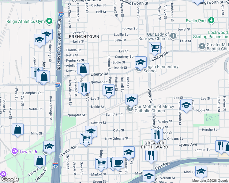 map of restaurants, bars, coffee shops, grocery stores, and more near 2218 Pannell Street in Houston