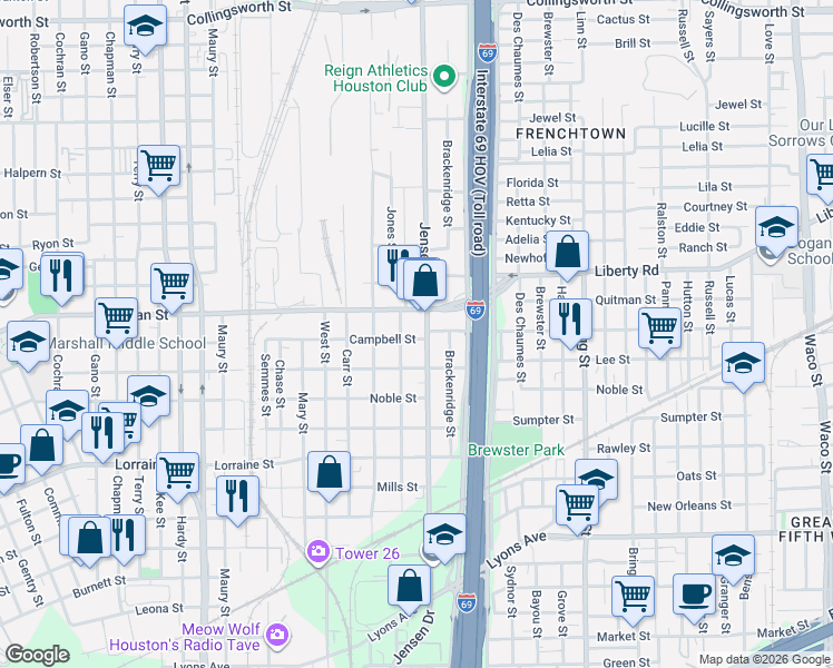 map of restaurants, bars, coffee shops, grocery stores, and more near 2616 Campbell Street in Houston