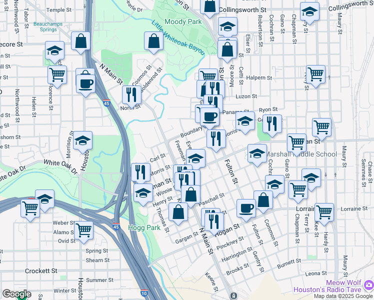 map of restaurants, bars, coffee shops, grocery stores, and more near 2407 Freeman Street in Houston