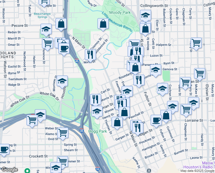 map of restaurants, bars, coffee shops, grocery stores, and more near 503 Carl Street in Houston