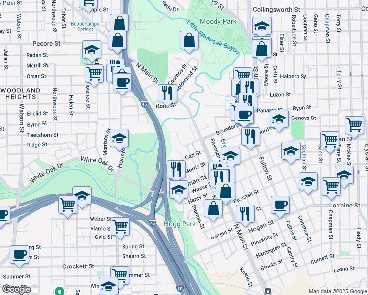 map of restaurants, bars, coffee shops, grocery stores, and more near 2516 Fletcher Street in Houston