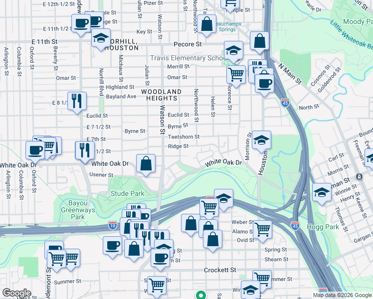 map of restaurants, bars, coffee shops, grocery stores, and more near 619 Wendel Street in Houston