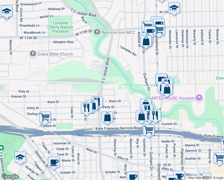 map of restaurants, bars, coffee shops, grocery stores, and more near 5309 Egbert Street in Houston