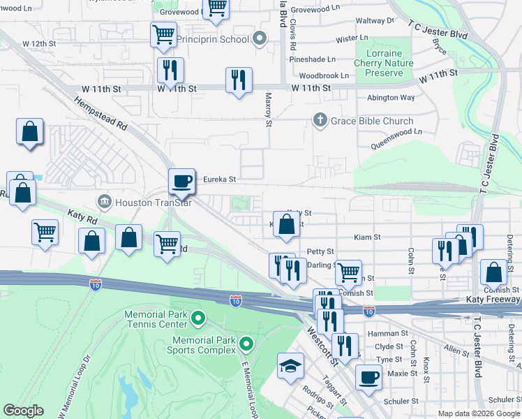 map of restaurants, bars, coffee shops, grocery stores, and more near 6005 Matthew Oaks Place in Houston