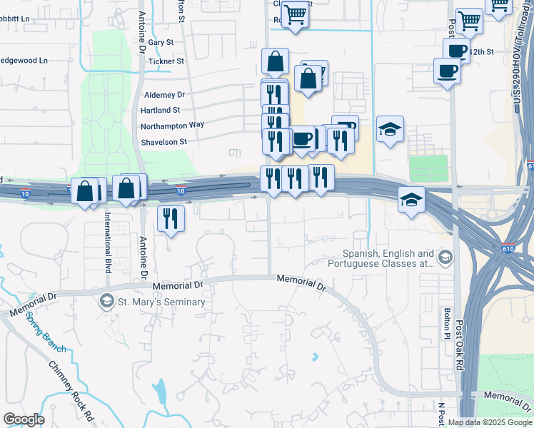map of restaurants, bars, coffee shops, grocery stores, and more near 9240 Kenilworth Drive in Houston