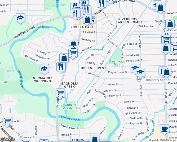 map of restaurants, bars, coffee shops, grocery stores, and more near 12839 Orleans Street in Houston
