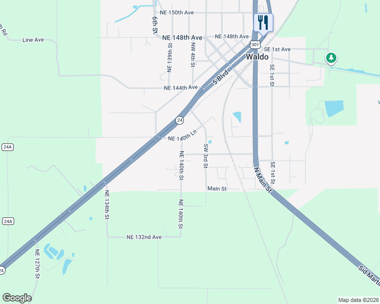 map of restaurants, bars, coffee shops, grocery stores, and more near 14088 Southwest 5th Avenue in Waldo