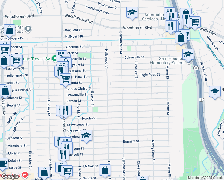 map of restaurants, bars, coffee shops, grocery stores, and more near 14241 Brownsville Street in Houston