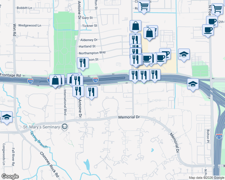 map of restaurants, bars, coffee shops, grocery stores, and more near 7777 Katy Freeway in Houston
