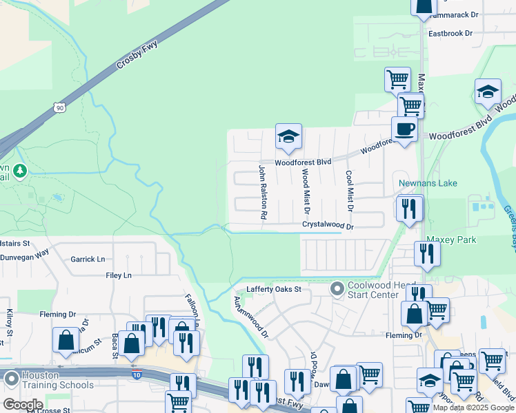 map of restaurants, bars, coffee shops, grocery stores, and more near 11650 Borderwood Drive in Houston
