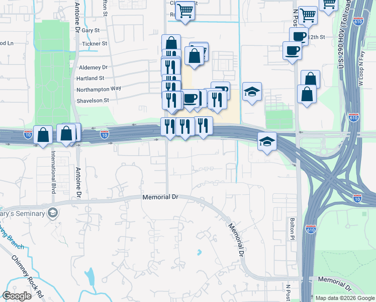 map of restaurants, bars, coffee shops, grocery stores, and more near 9210 Kenilworth Drive in Houston