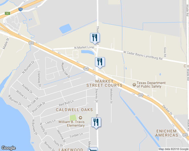 map of restaurants, bars, coffee shops, grocery stores, and more near 6221 Decker Drive in Baytown