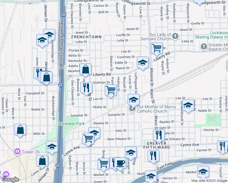 map of restaurants, bars, coffee shops, grocery stores, and more near 2222 Pannell Street in Houston