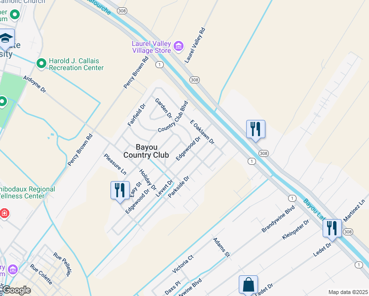 map of restaurants, bars, coffee shops, grocery stores, and more near 511 Edgewood Drive in Thibodaux