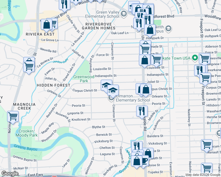 map of restaurants, bars, coffee shops, grocery stores, and more near 13225 Corpus Christi Street in Houston