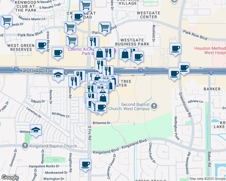map of restaurants, bars, coffee shops, grocery stores, and more near 19945 Katy Freeway in Houston
