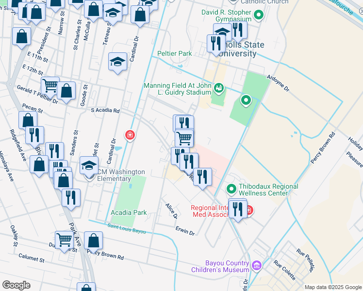 map of restaurants, bars, coffee shops, grocery stores, and more near 1116 Audubon Avenue in Thibodaux