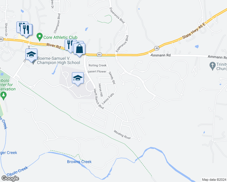 map of restaurants, bars, coffee shops, grocery stores, and more near 320 Sandy Shoal in Boerne