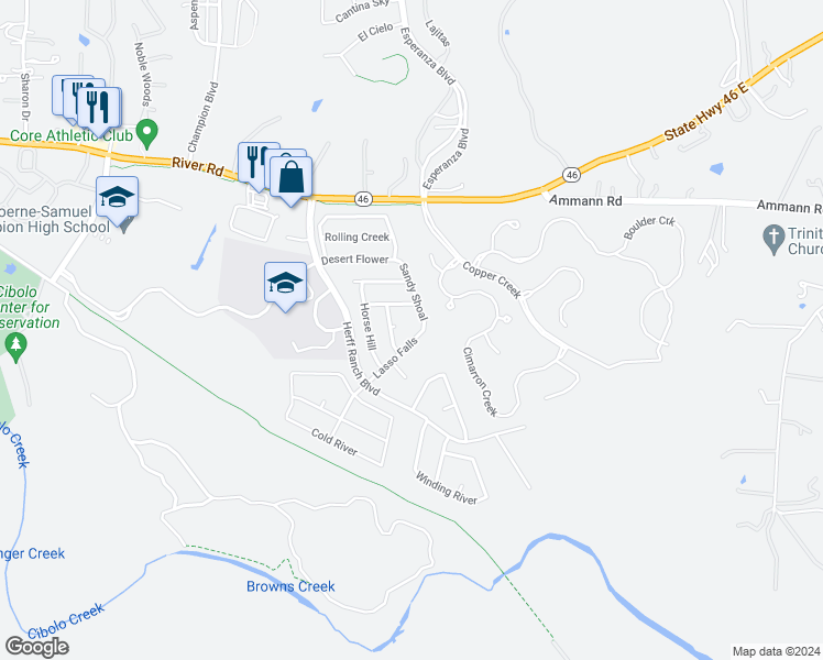 map of restaurants, bars, coffee shops, grocery stores, and more near 324 Lasso Falls in Boerne