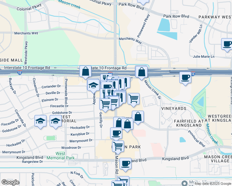 map of restaurants, bars, coffee shops, grocery stores, and more near 229 South Mason Road in Katy
