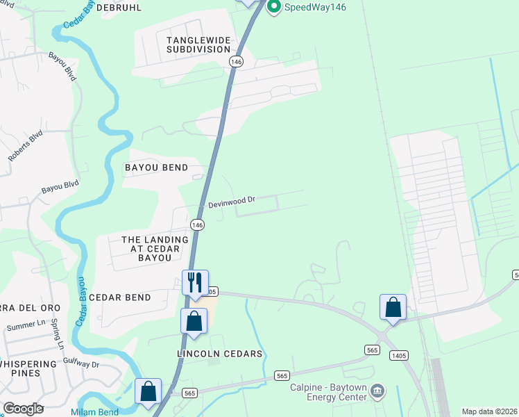 map of restaurants, bars, coffee shops, grocery stores, and more near 10326 Lauren Creek Drive in Baytown