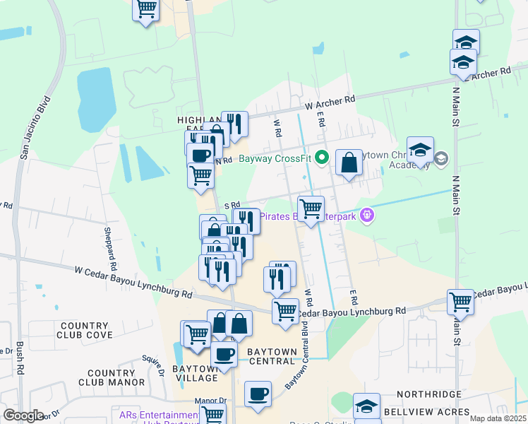 map of restaurants, bars, coffee shops, grocery stores, and more near 812 South Road in Baytown