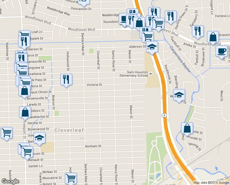 map of restaurants, bars, coffee shops, grocery stores, and more near 14437 Brownsville Street in Houston